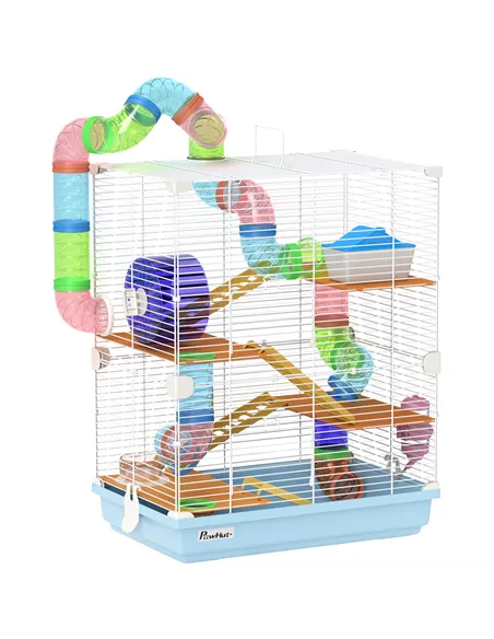 PawHut 5 Tier Hamster Cage Carrier Habitat w/ Exercise Wheels, Tunnel, Light Blue