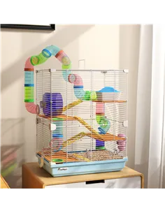 PawHut 5 Tier Hamster Cage Carrier Habitat w/ Exercise Wheels, Tunnel, Light Blue 2