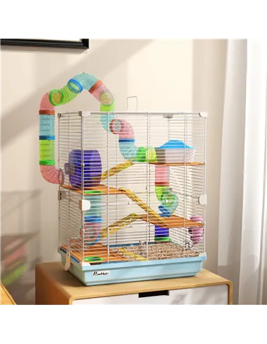 PawHut 5 Tier Hamster Cage Carrier Habitat w/ Exercise Wheels, Tunnel, Light Blue