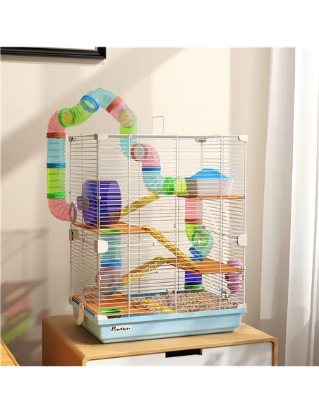 PawHut 5 Tier Hamster Cage Carrier Habitat w/ Exercise Wheels, Tunnel, Light Blue