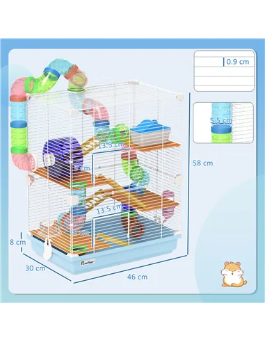 PawHut 5 Tier Hamster Cage Carrier Habitat w/ Exercise Wheels, Tunnel, Light Blue