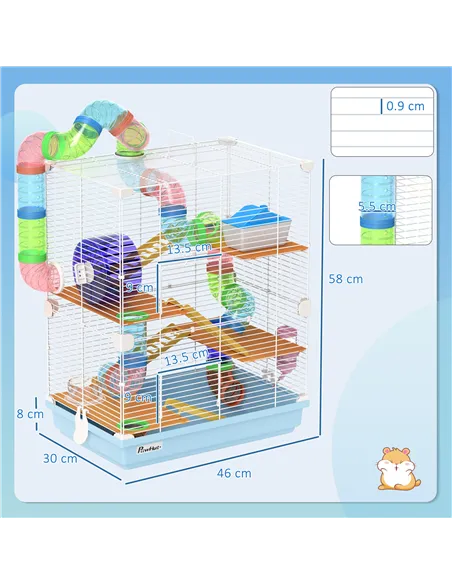 PawHut 5 Tier Hamster Cage Carrier Habitat w/ Exercise Wheels, Tunnel, Light Blue