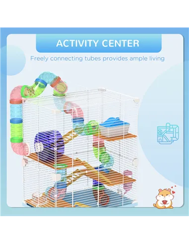 PawHut 5 Tier Hamster Cage Carrier Habitat w/ Exercise Wheels, Tunnel, Light Blue