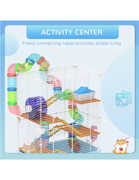 PawHut 5 Tier Hamster Cage Carrier Habitat w/ Exercise Wheels, Tunnel, Light Blue