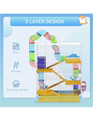 PawHut 5 Tier Hamster Cage Carrier Habitat w/ Exercise Wheels, Tunnel, Light Blue