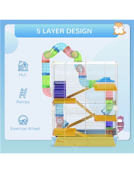 PawHut 5 Tier Hamster Cage Carrier Habitat w/ Exercise Wheels, Tunnel, Light Blue