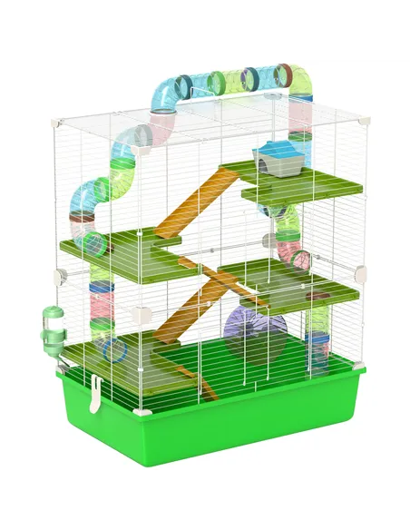 PawHut Hamster Cage w/ Water Bottle, Exercise Wheel, Tubes, Ramps - Green