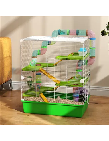 PawHut Hamster Cage w/ Water Bottle, Exercise Wheel, Tubes, Ramps - Green