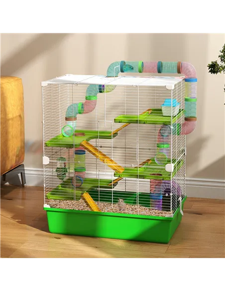 PawHut Hamster Cage w/ Water Bottle, Exercise Wheel, Tubes, Ramps - Green