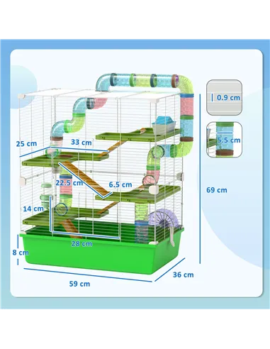 PawHut Hamster Cage w/ Water Bottle, Exercise Wheel, Tubes, Ramps - Green