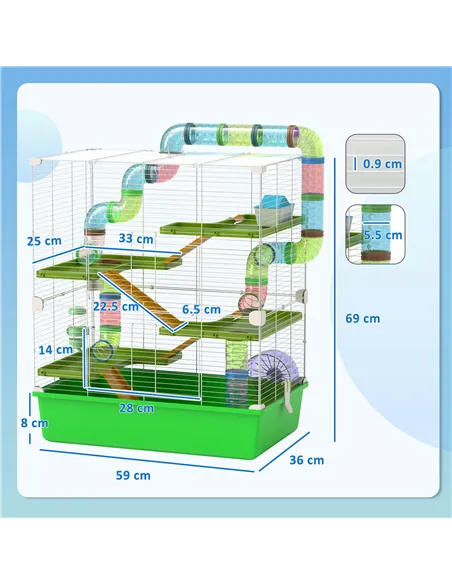 PawHut Hamster Cage w/ Water Bottle, Exercise Wheel, Tubes, Ramps - Green