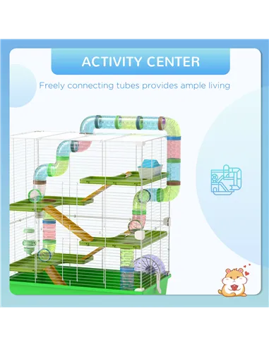 PawHut Hamster Cage w/ Water Bottle, Exercise Wheel, Tubes, Ramps - Green
