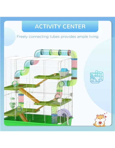 PawHut Hamster Cage w/ Water Bottle, Exercise Wheel, Tubes, Ramps - Green