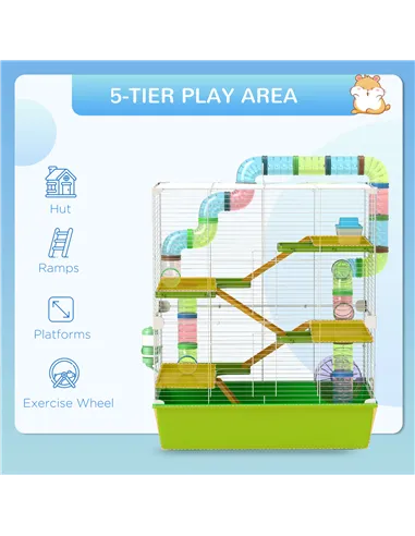 PawHut Hamster Cage w/ Water Bottle, Exercise Wheel, Tubes, Ramps - Green