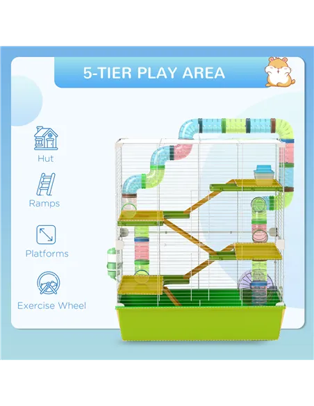 PawHut Hamster Cage w/ Water Bottle, Exercise Wheel, Tubes, Ramps - Green