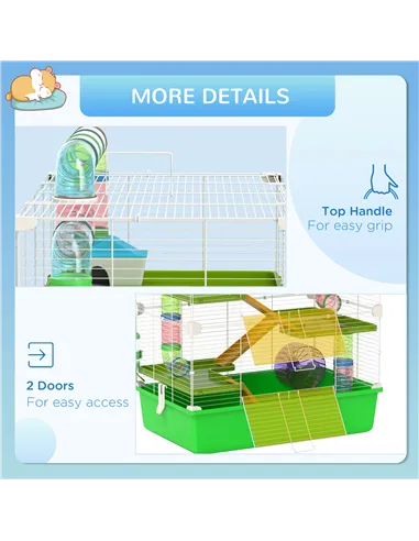 PawHut Hamster Cage w/ Water Bottle, Exercise Wheel, Tubes, Ramps - Green