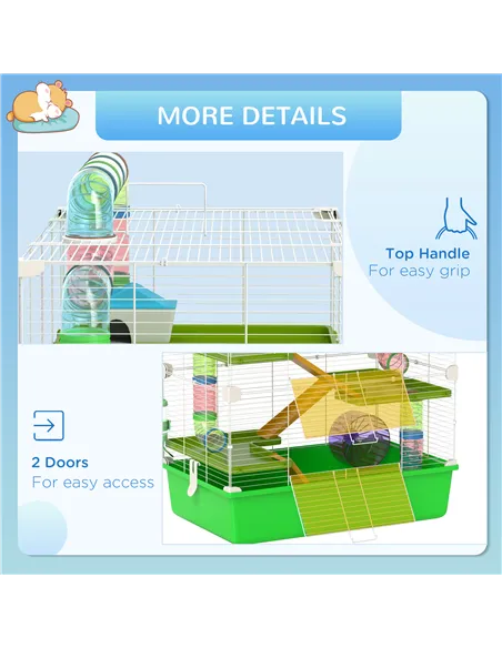 PawHut Hamster Cage w/ Water Bottle, Exercise Wheel, Tubes, Ramps - Green