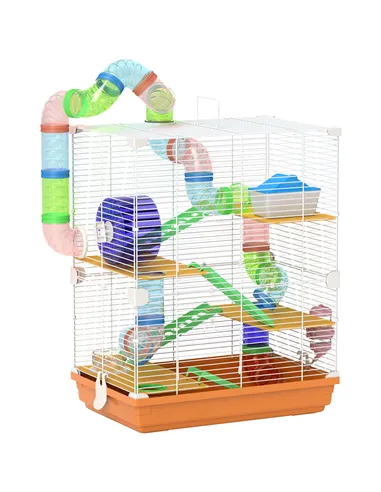 PawHut 5 Tier Hamster Cage Carrier Habitat w/ Exercise Wheels, Tunnel, Orange