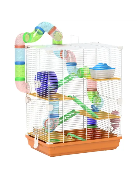 PawHut 5 Tier Hamster Cage Carrier Habitat w/ Exercise Wheels, Tunnel, Orange