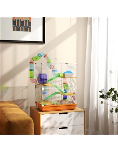 PawHut 5 Tier Hamster Cage Carrier Habitat w/ Exercise Wheels, Tunnel, Orange