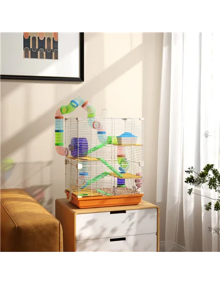 PawHut 5 Tier Hamster Cage Carrier Habitat w/ Exercise Wheels, Tunnel, Orange