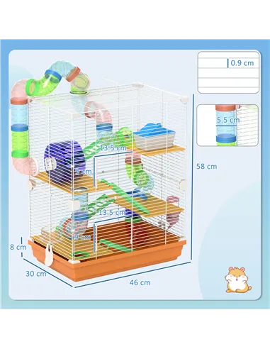 PawHut 5 Tier Hamster Cage Carrier Habitat w/ Exercise Wheels, Tunnel, Orange
