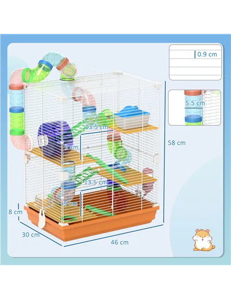 PawHut 5 Tier Hamster Cage Carrier Habitat w/ Exercise Wheels, Tunnel, Orange