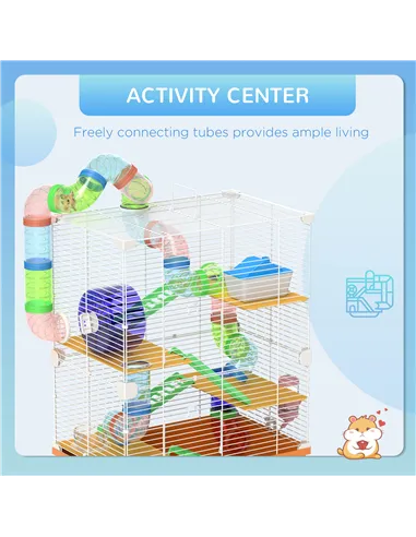 PawHut 5 Tier Hamster Cage Carrier Habitat w/ Exercise Wheels, Tunnel, Orange