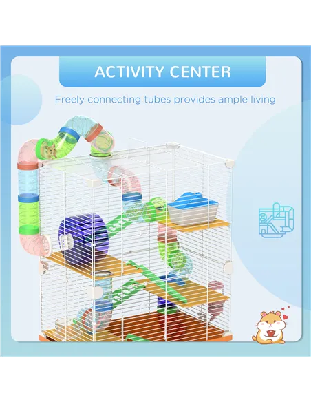 PawHut 5 Tier Hamster Cage Carrier Habitat w/ Exercise Wheels, Tunnel, Orange