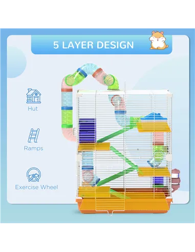 PawHut 5 Tier Hamster Cage Carrier Habitat w/ Exercise Wheels, Tunnel, Orange