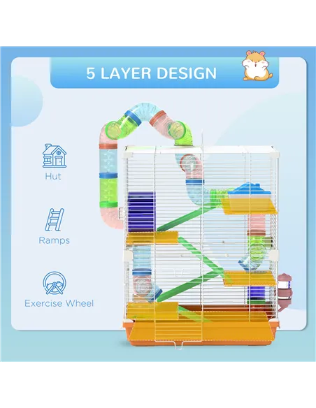 PawHut 5 Tier Hamster Cage Carrier Habitat w/ Exercise Wheels, Tunnel, Orange