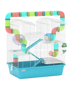 PawHut 4 Tier Hamster Cage w/ Tubes, Exercise Wheel, Hut, Water Bottle, Food Dish, Ramps, for Dwarf Hamster, Light Blue