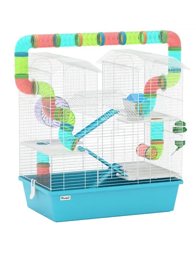 PawHut 4 Tier Hamster Cage w/ Tubes, Exercise Wheel, Hut, Water Bottle, Food Dish, Ramps, for Dwarf Hamster, Light Blue