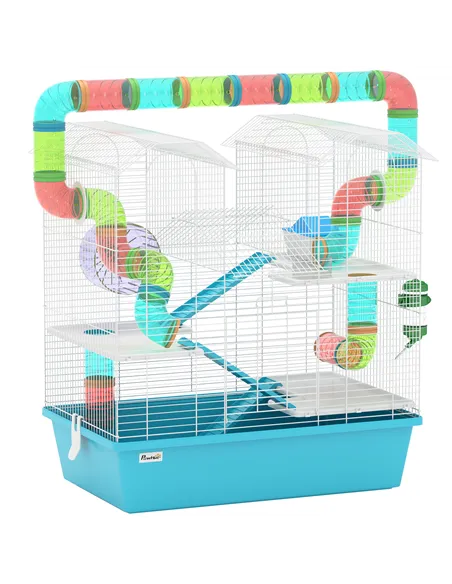PawHut 4 Tier Hamster Cage w/ Tubes, Exercise Wheel, Hut, Water Bottle, Food Dish, Ramps, for Dwarf Hamster, Light Blue