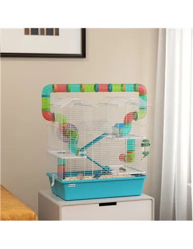 PawHut 4 Tier Hamster Cage w/ Tubes, Exercise Wheel, Hut, Water Bottle, Food Dish, Ramps, for Dwarf Hamster, Light Blue