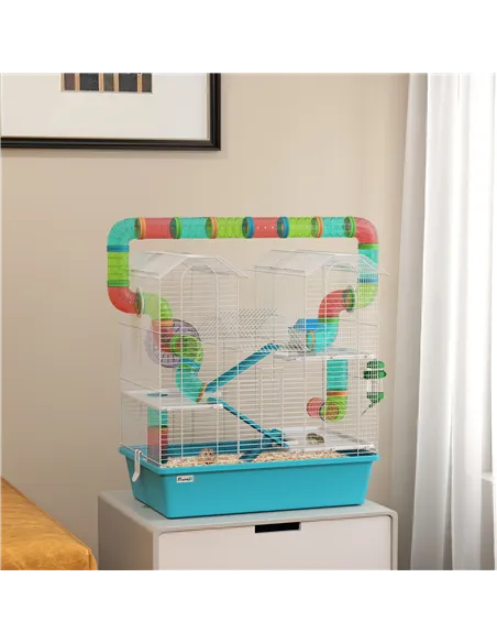 PawHut 4 Tier Hamster Cage w/ Tubes, Exercise Wheel, Hut, Water Bottle, Food Dish, Ramps, for Dwarf Hamster, Light Blue