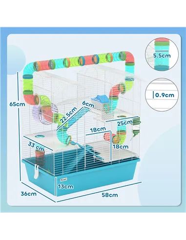 PawHut 4 Tier Hamster Cage w/ Tubes, Exercise Wheel, Hut, Water Bottle, Food Dish, Ramps, for Dwarf Hamster, Light Blue
