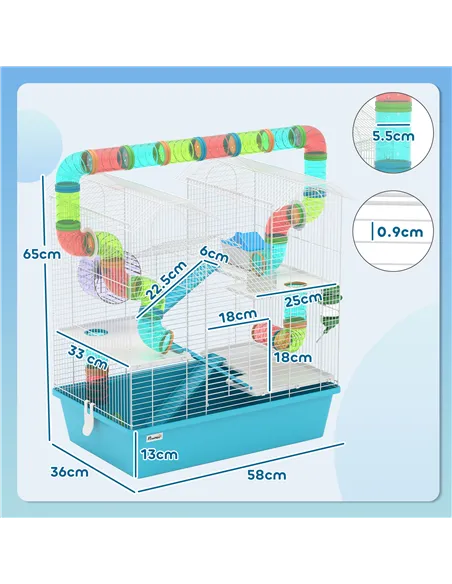PawHut 4 Tier Hamster Cage w/ Tubes, Exercise Wheel, Hut, Water Bottle, Food Dish, Ramps, for Dwarf Hamster, Light Blue