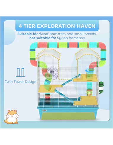 PawHut 4 Tier Hamster Cage w/ Tubes, Exercise Wheel, Hut, Water Bottle, Food Dish, Ramps, for Dwarf Hamster, Light Blue