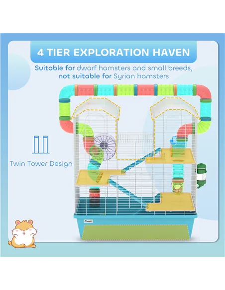 PawHut 4 Tier Hamster Cage w/ Tubes, Exercise Wheel, Hut, Water Bottle, Food Dish, Ramps, for Dwarf Hamster, Light Blue