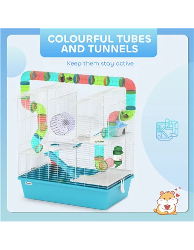 PawHut 4 Tier Hamster Cage w/ Tubes, Exercise Wheel, Hut, Water Bottle, Food Dish, Ramps, for Dwarf Hamster, Light Blue
