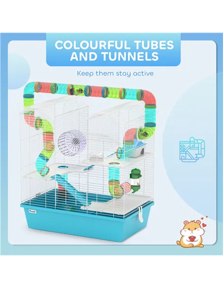 PawHut 4 Tier Hamster Cage w/ Tubes, Exercise Wheel, Hut, Water Bottle, Food Dish, Ramps, for Dwarf Hamster, Light Blue