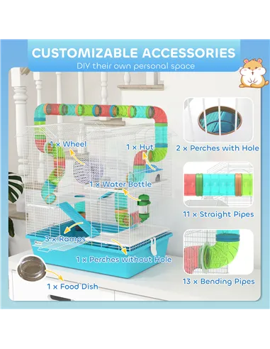 PawHut 4 Tier Hamster Cage w/ Tubes, Exercise Wheel, Hut, Water Bottle, Food Dish, Ramps, for Dwarf Hamster, Light Blue