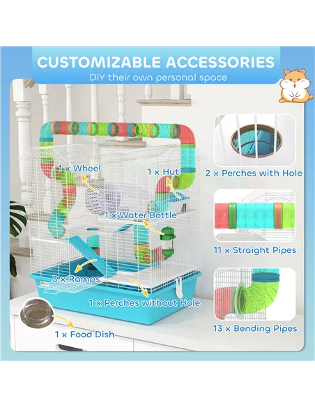 PawHut 4 Tier Hamster Cage w/ Tubes, Exercise Wheel, Hut, Water Bottle, Food Dish, Ramps, for Dwarf Hamster, Light Blue