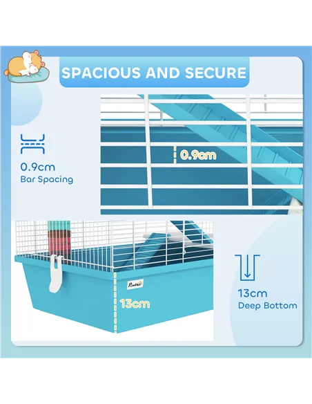 PawHut 4 Tier Hamster Cage w/ Tubes, Exercise Wheel, Hut, Water Bottle, Food Dish, Ramps, for Dwarf Hamster, Light Blue