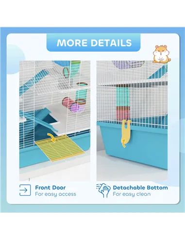 PawHut 4 Tier Hamster Cage w/ Tubes, Exercise Wheel, Hut, Water Bottle, Food Dish, Ramps, for Dwarf Hamster, Light Blue