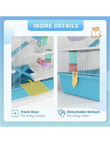 PawHut 4 Tier Hamster Cage w/ Tubes, Exercise Wheel, Hut, Water Bottle, Food Dish, Ramps, for Dwarf Hamster, Light Blue