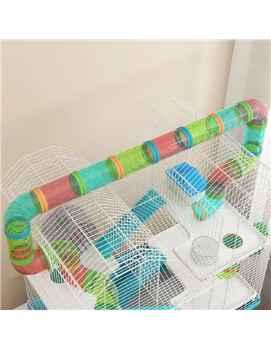 PawHut 4 Tier Hamster Cage w/ Tubes, Exercise Wheel, Hut, Water Bottle, Food Dish, Ramps, for Dwarf Hamster, Light Blue