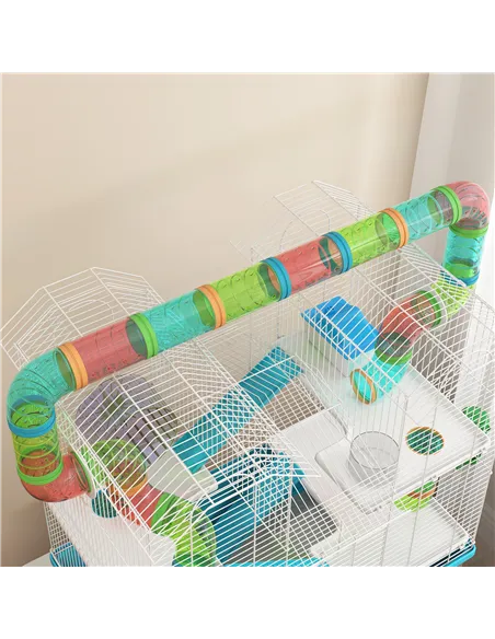 PawHut 4 Tier Hamster Cage w/ Tubes, Exercise Wheel, Hut, Water Bottle, Food Dish, Ramps, for Dwarf Hamster, Light Blue