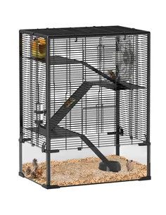 PawHut Four-Tier Hamster Cage with Deep Tempered Glass Bottom, Hut, Running Wheel, Food Dish, Water Bottle, 60 x 40 x 80cm